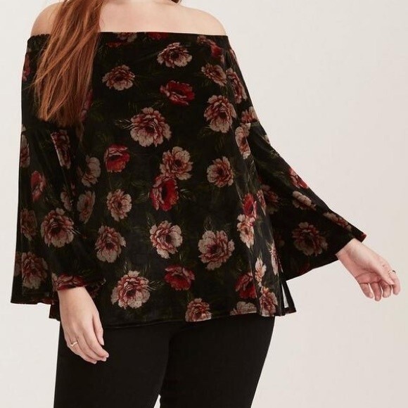 Torrid Sz 5 Floral Print Velvet Off Shoulder Bell Sleeve Top - Picture 2 of 8